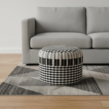 18" Black Cotton Cylinder Plaid Pouf Ottoman
