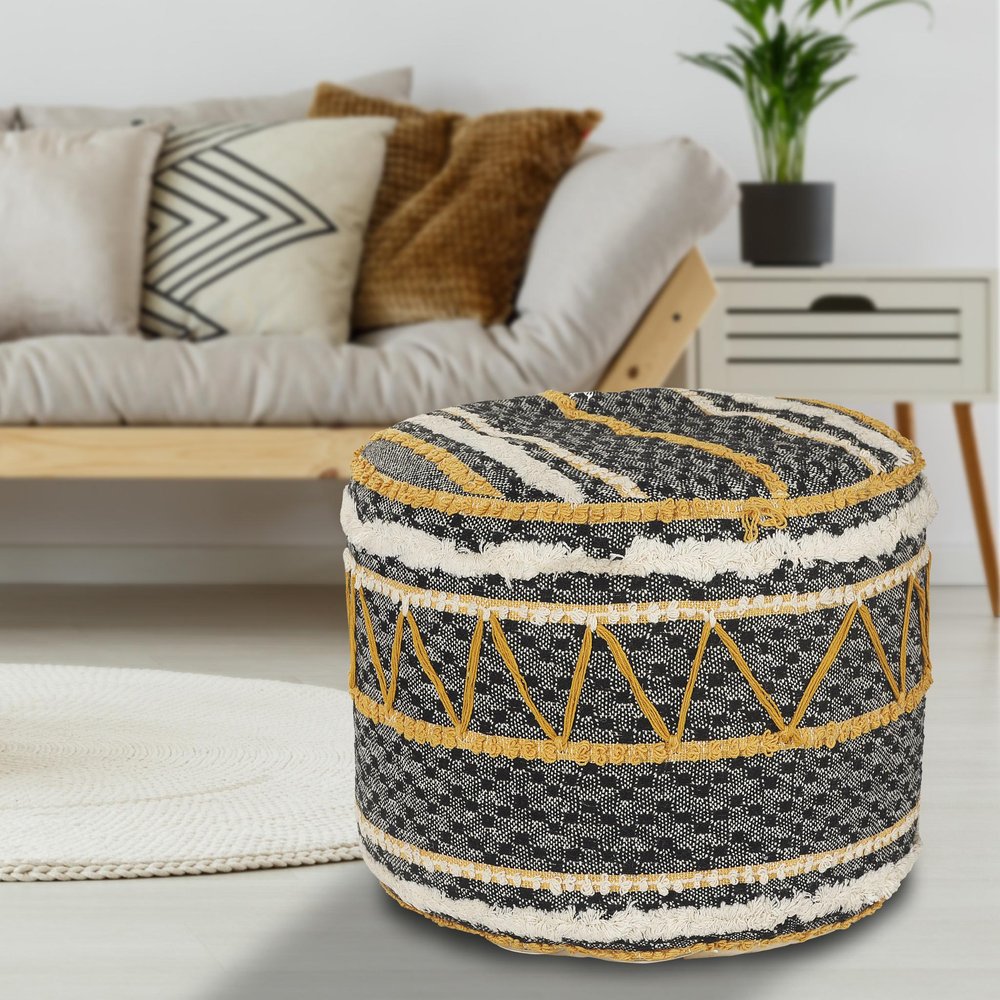 18" Black Cotton Striped Cylinder Pouf Ottoman