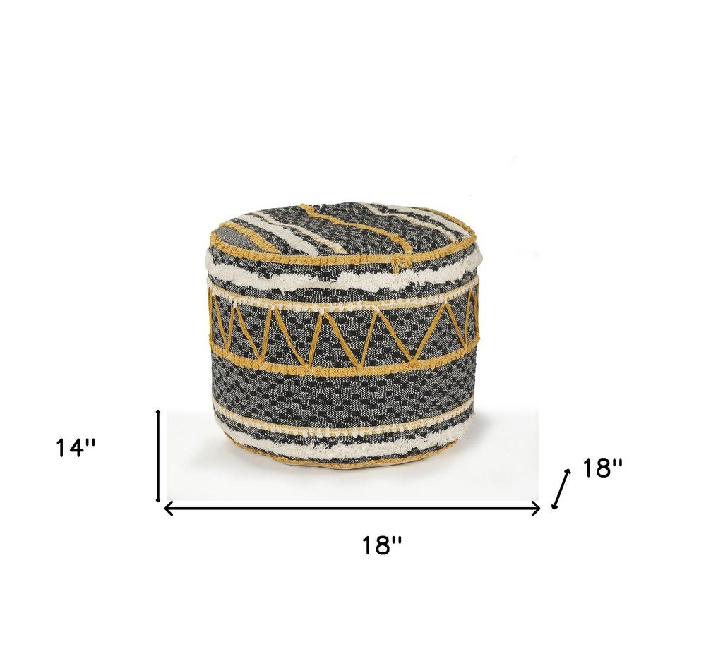 18" Black Cotton Striped Cylinder Pouf Ottoman