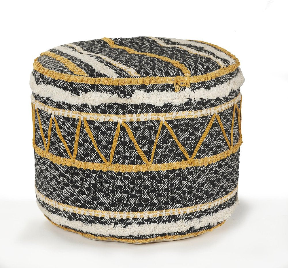 18" Black Cotton Striped Cylinder Pouf Ottoman