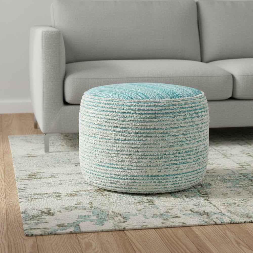 18" Blue Fabric Cylinder Striped Pouf Ottoman
