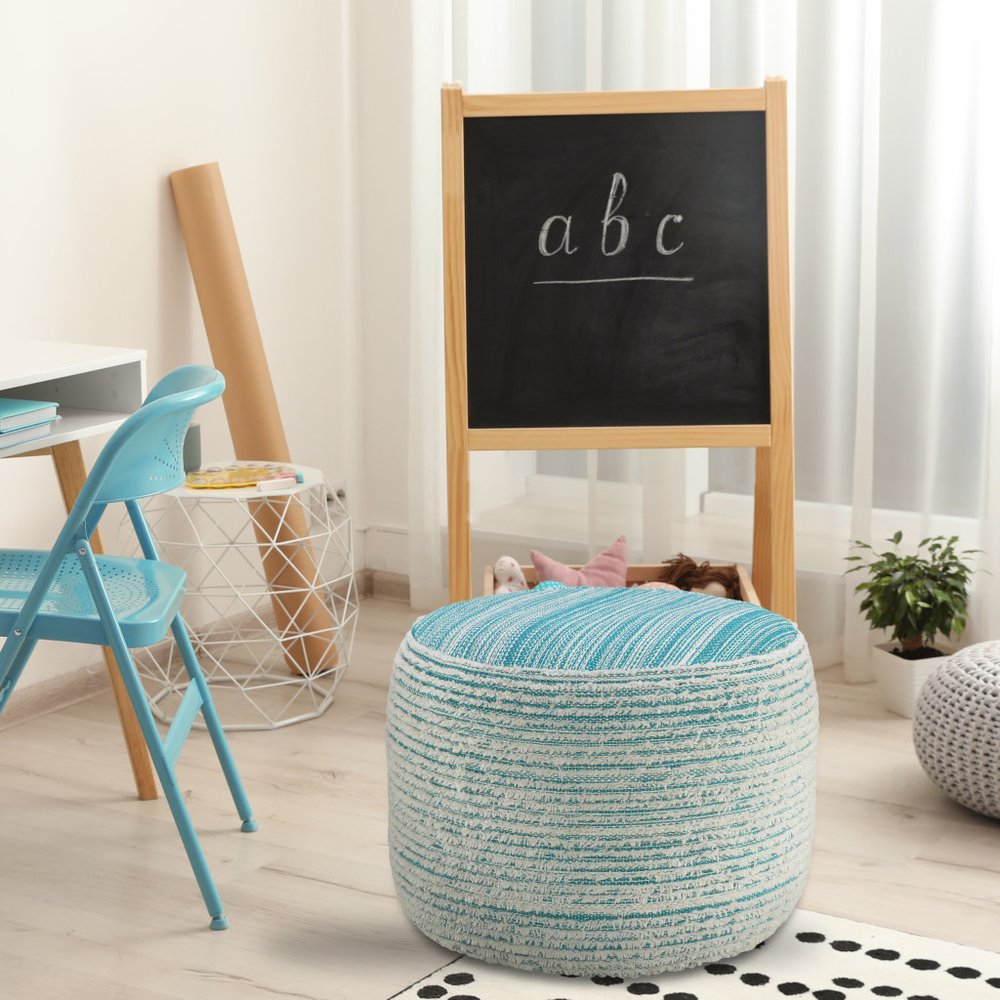 18" Blue Fabric Cylinder Striped Pouf Ottoman