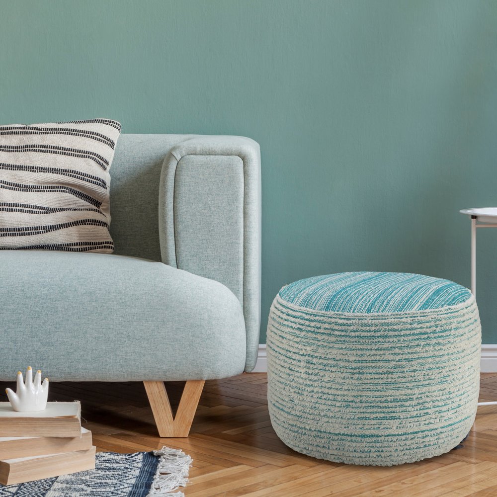 18" Pink Fabric Cylinder Striped Pouf Ottoman