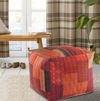 24" Red Patchwork Pouf Ottoman