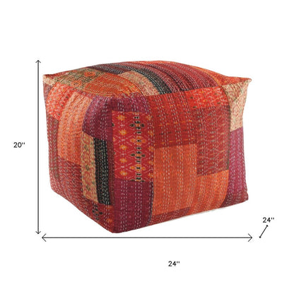 24" Red Patchwork Pouf Ottoman