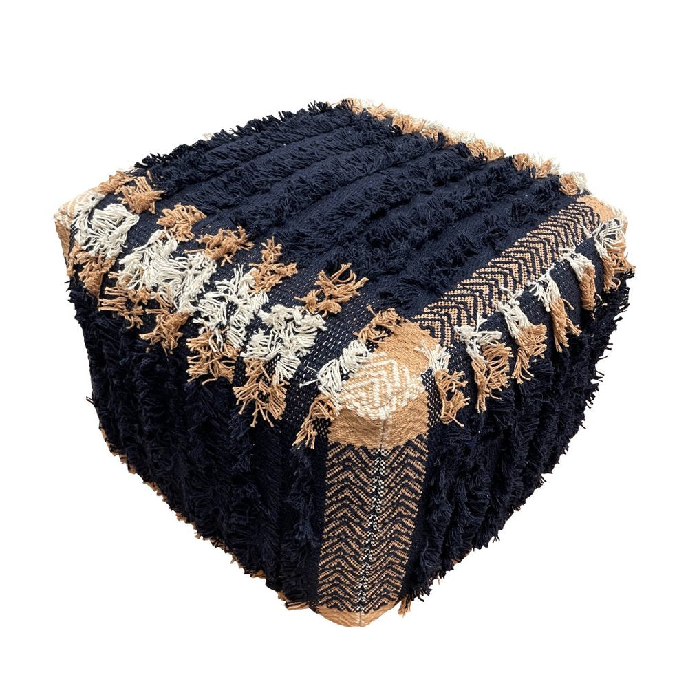 18" Blue Cotton Geometric Pouf Ottoman