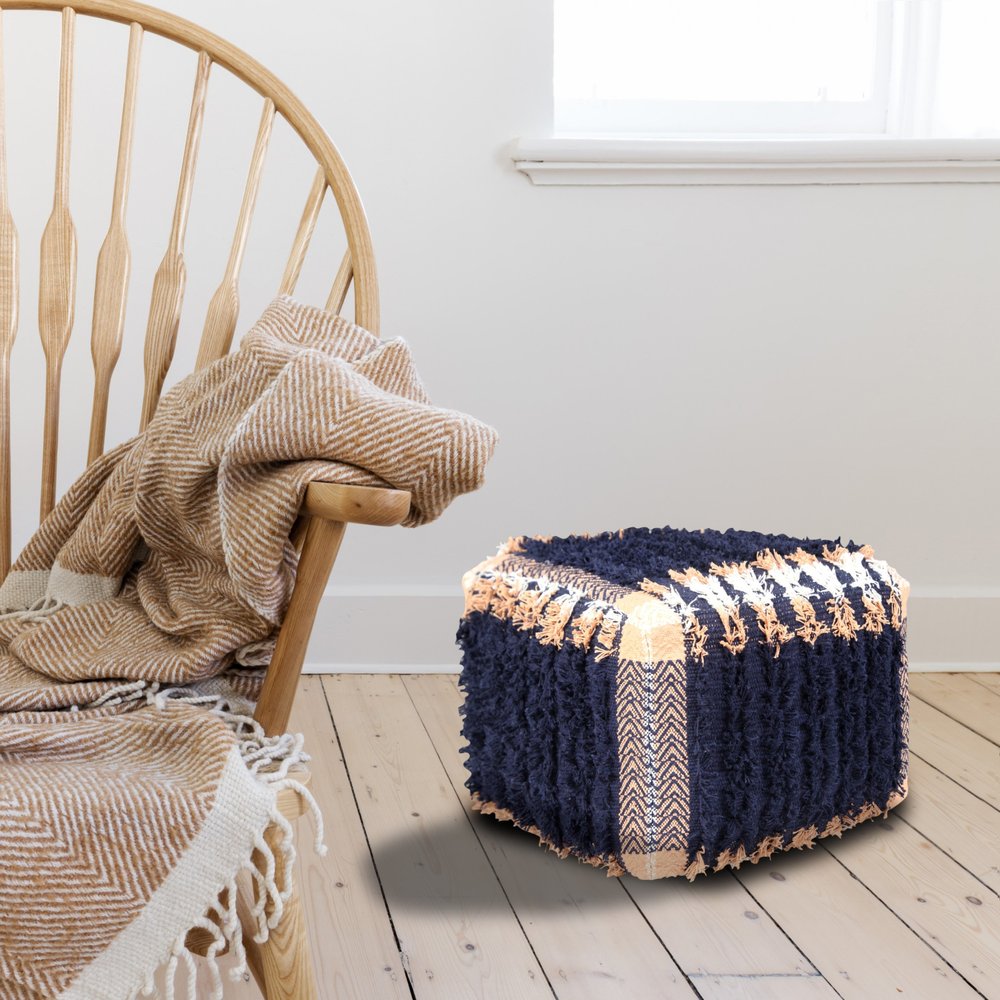 18" Blue Cotton Geometric Pouf Ottoman