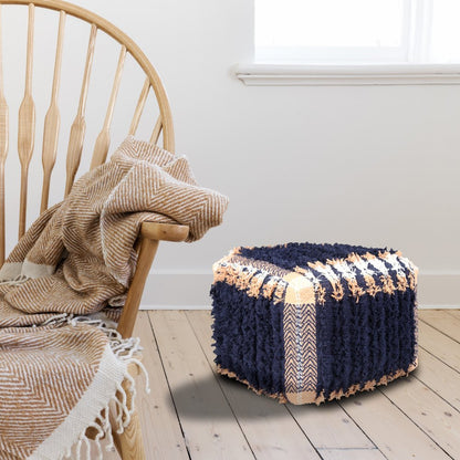 18" Blue Cotton Geometric Pouf Ottoman