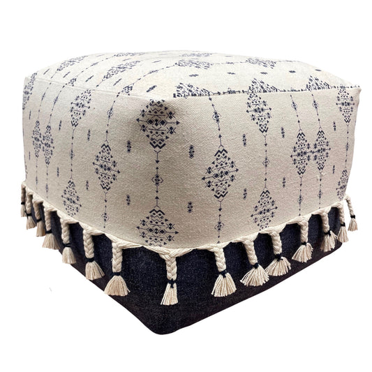 18" Natural and Navy Blue Cotton Medallion Pouf Ottoman