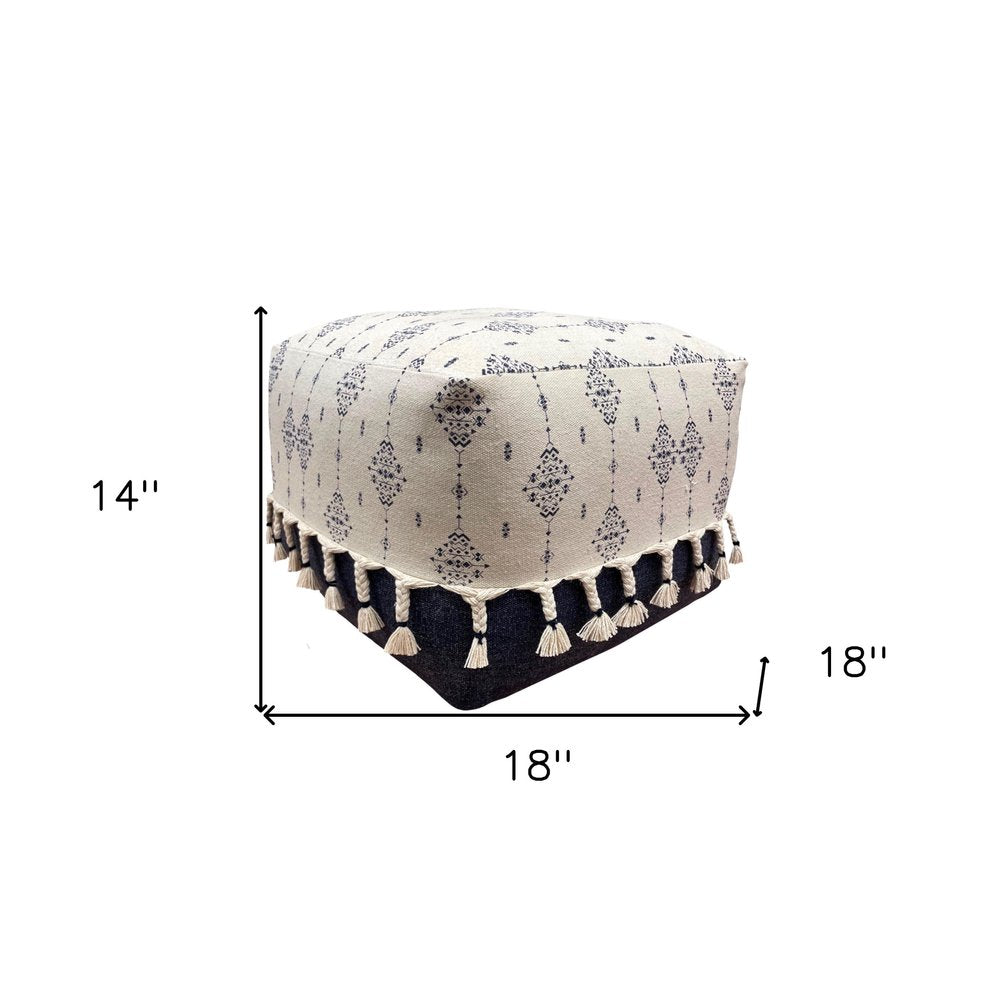 18" Natural And Navy Blue Cotton Medallion Pouf Ottoman