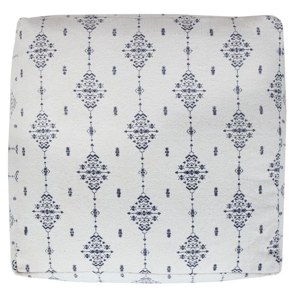 18" Natural And Navy Blue Cotton Medallion Pouf Ottoman