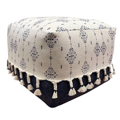 18" Natural And Navy Blue Cotton Medallion Pouf Ottoman