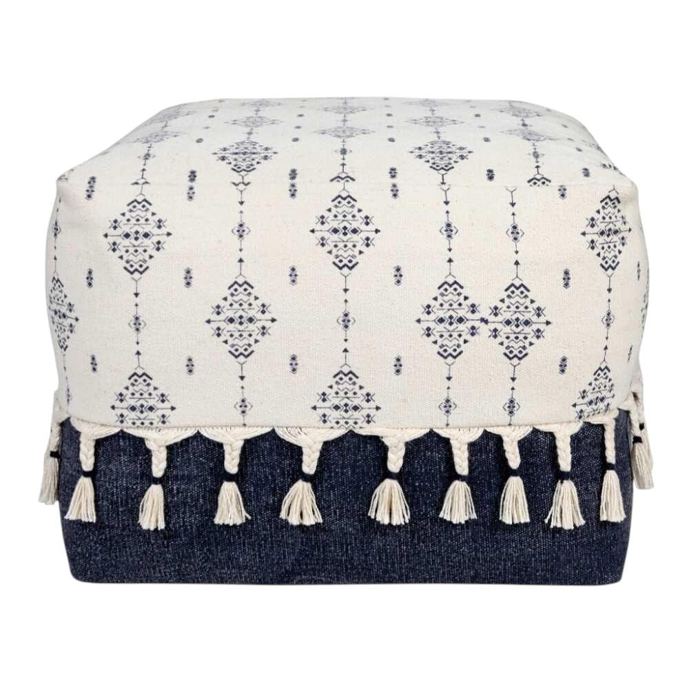 18" Natural And Navy Blue Cotton Medallion Pouf Ottoman