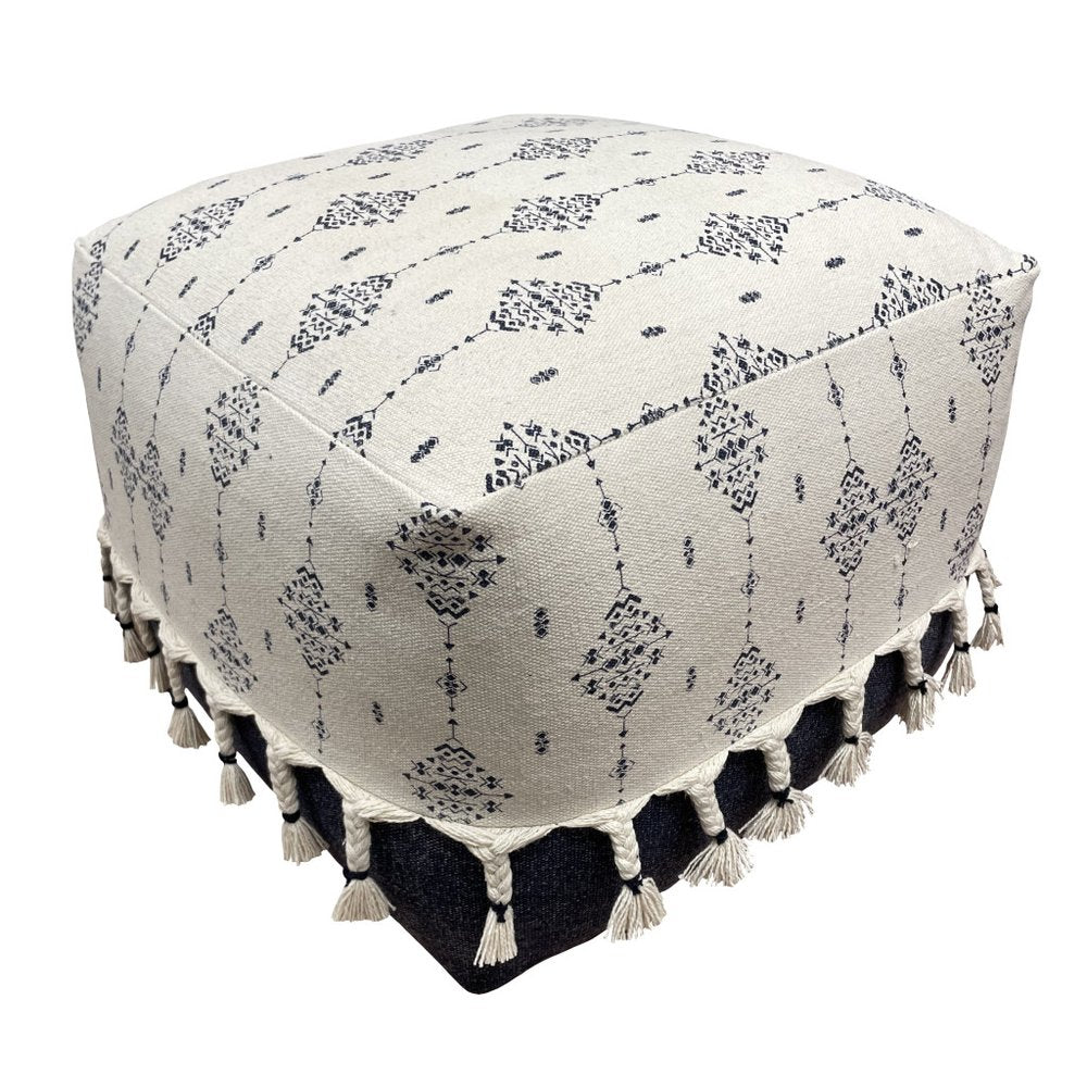 18" Natural And Navy Blue Cotton Medallion Pouf Ottoman