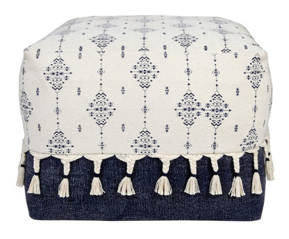 18" Natural And Navy Blue Cotton Medallion Pouf Ottoman