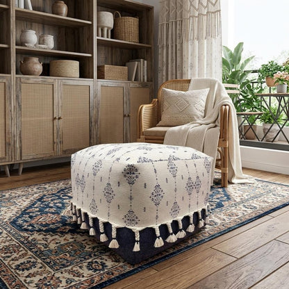 18" Natural And Navy Blue Cotton Medallion Pouf Ottoman