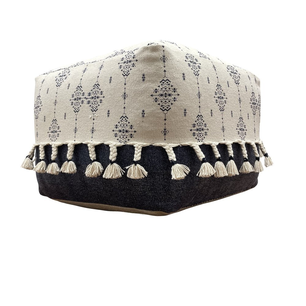 18" Natural And Navy Blue Cotton Medallion Pouf Ottoman