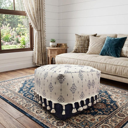 18" Natural And Navy Blue Cotton Medallion Pouf Ottoman