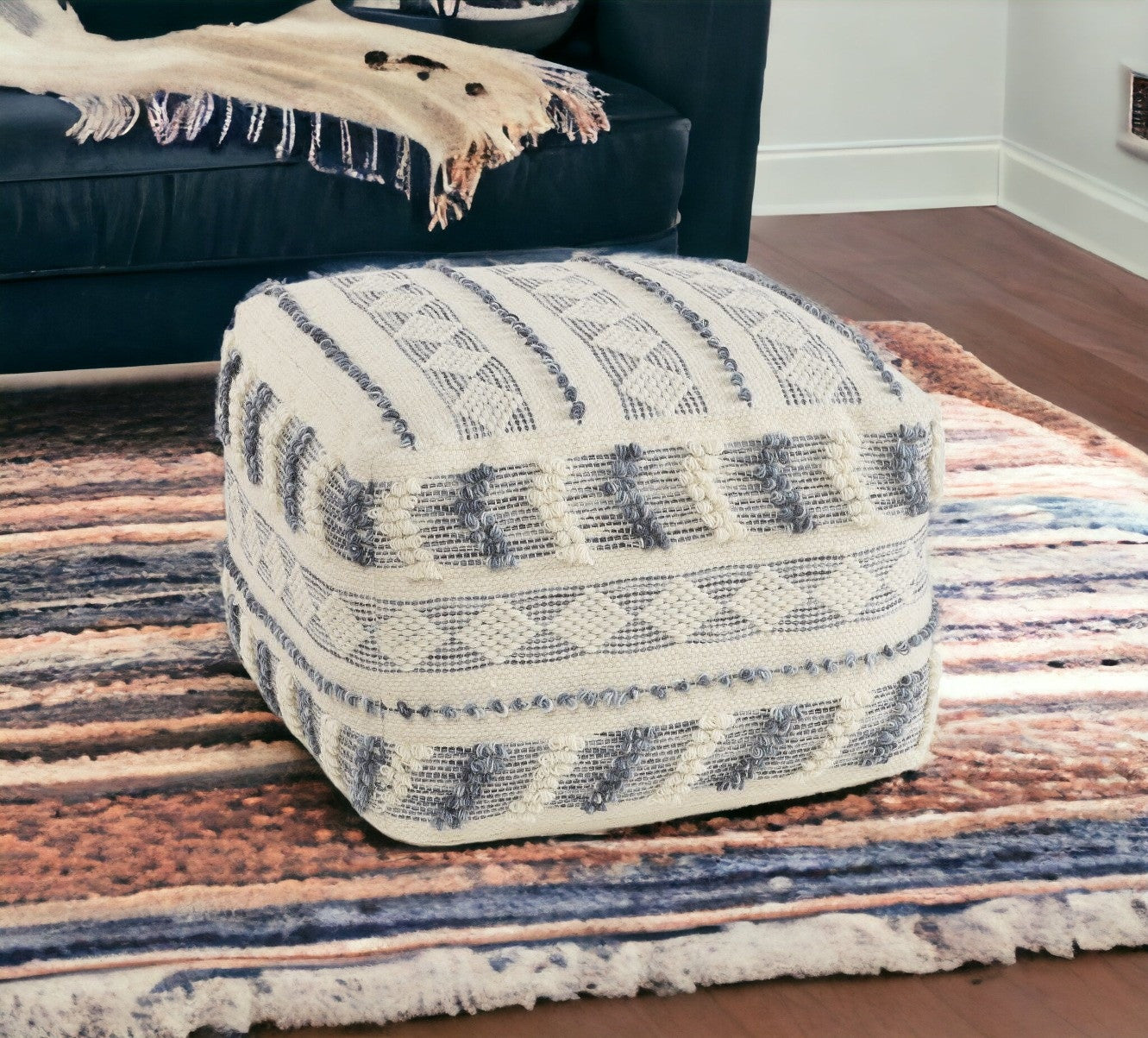 18" Blue Wool Ottoman