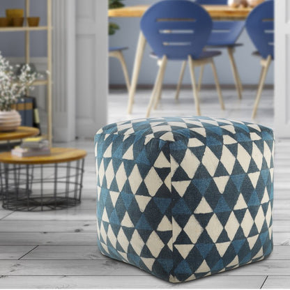 20" Blue Cotton Geometric Pouf Ottoman
