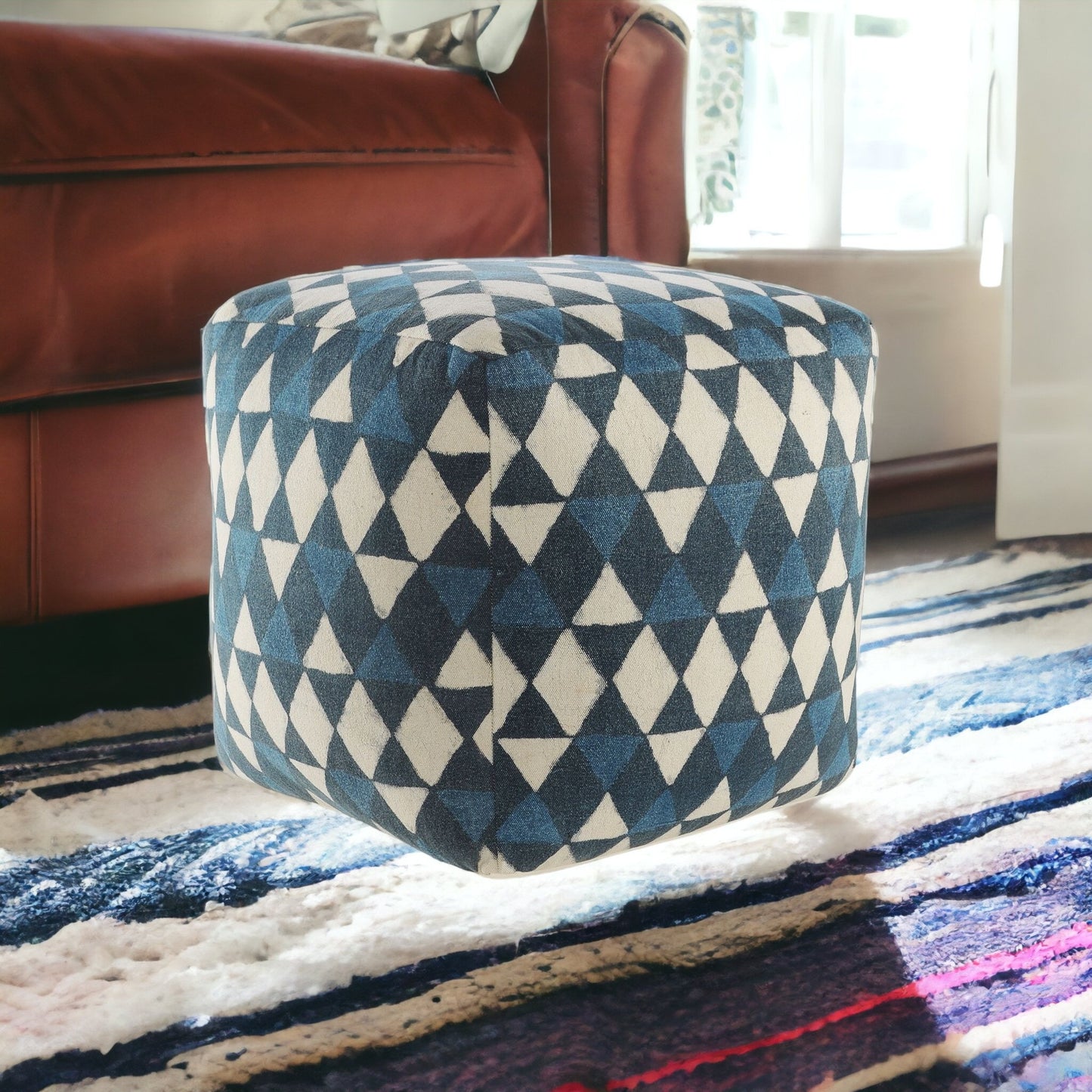 20" Blue 100% Cotton Ottoman