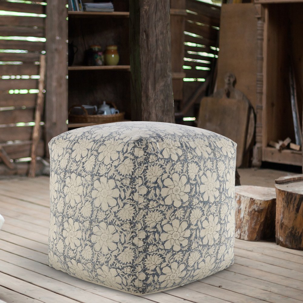 20" Beige Cotton Abstract Pouf Ottoman