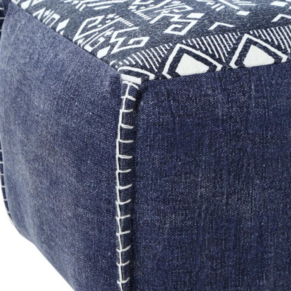 18" Blue Cotton Geometric Pouf Ottoman