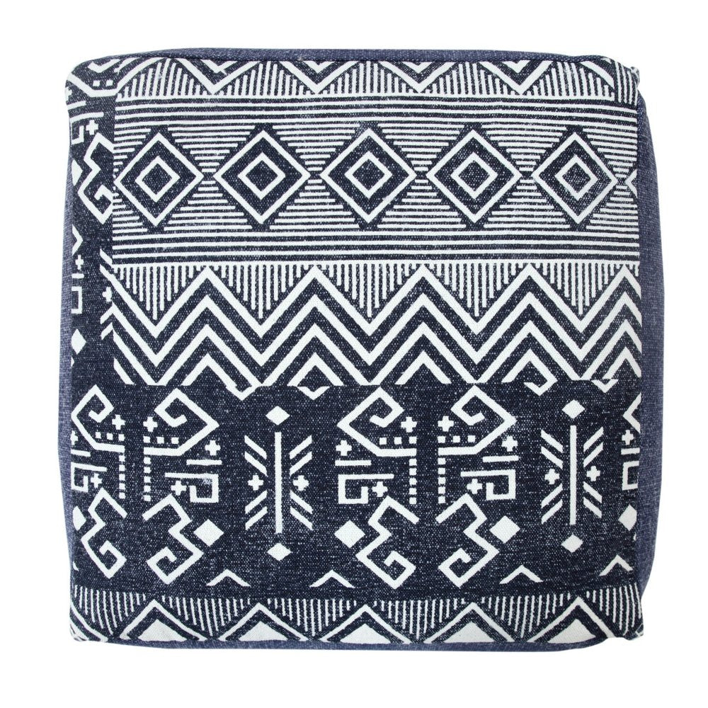 18" Blue Cotton Geometric Pouf Ottoman