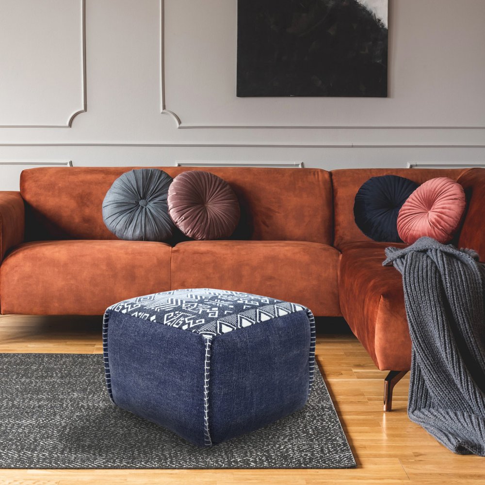 18" Blue Cotton Geometric Pouf Ottoman