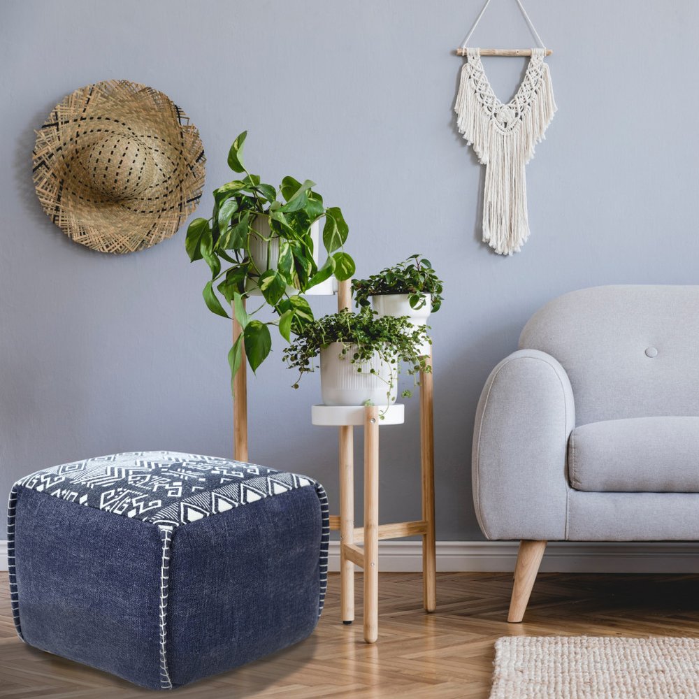 18" Blue Cotton Geometric Pouf Ottoman