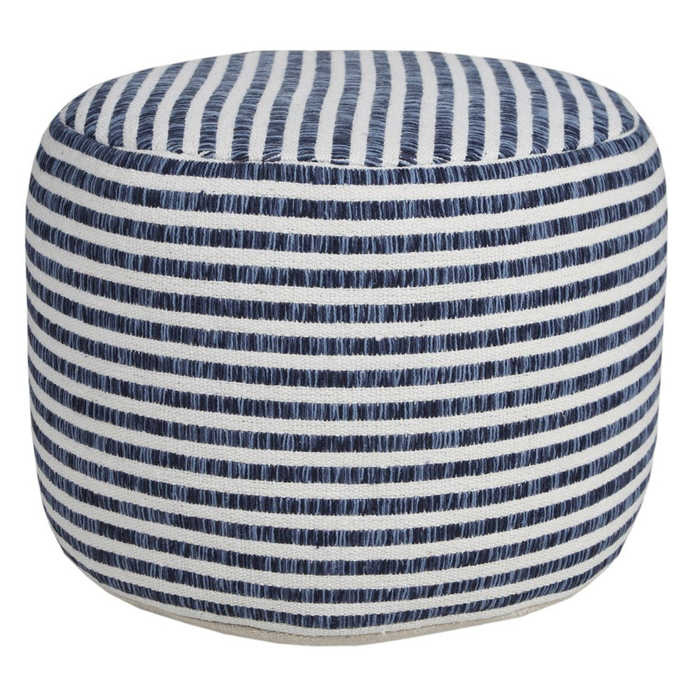 18" Blue Cotton Cylinder Striped Pouf Ottoman