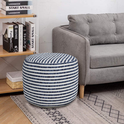 18" Blue Cotton Cylinder Striped Pouf Ottoman