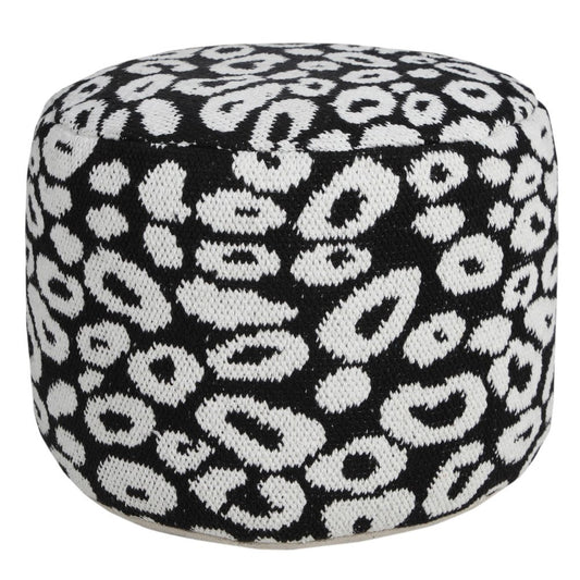 18" black cylinder pouf ottoman with an abstract pattern.