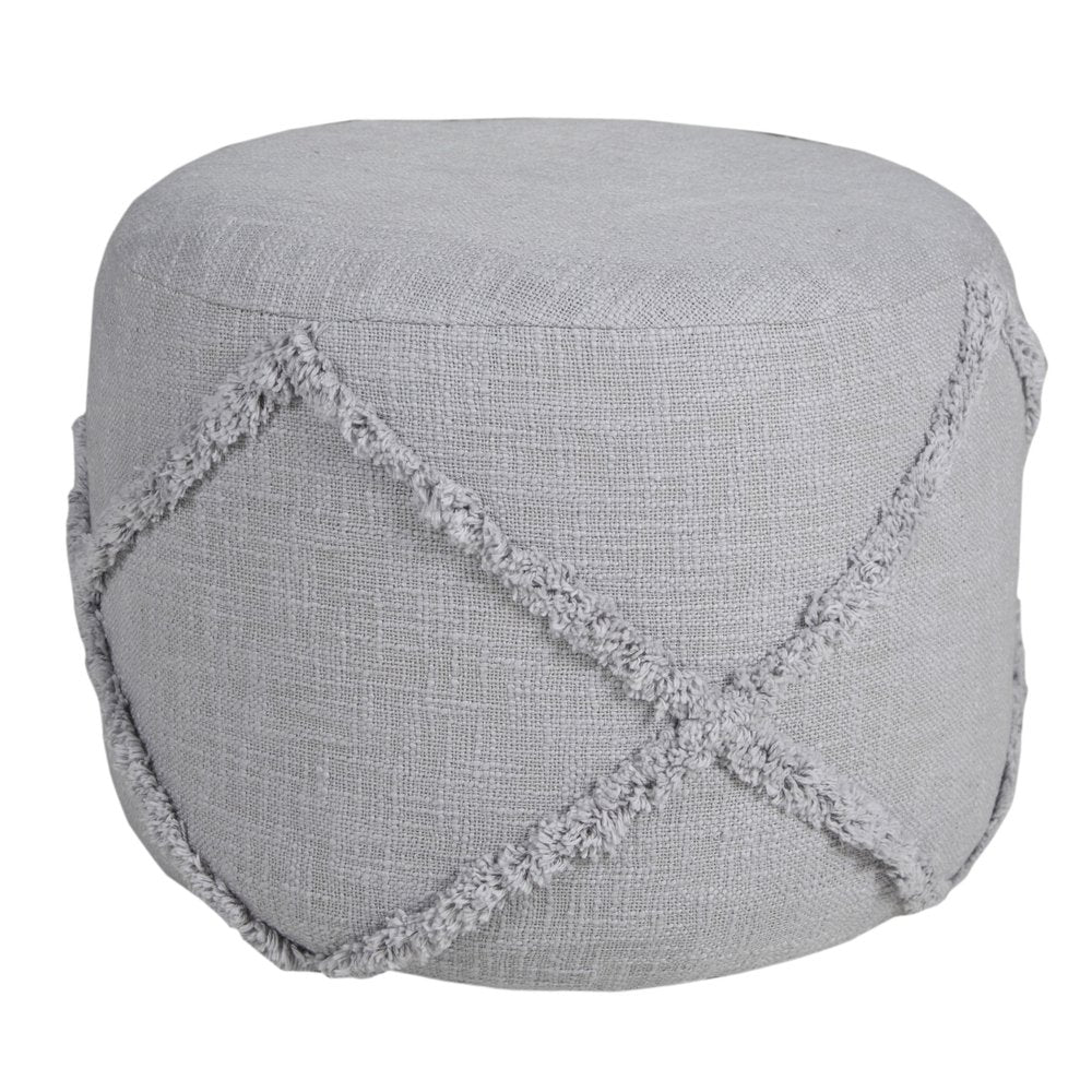 18" Cream Cotton Cylinder Geometric Pouf Ottoman