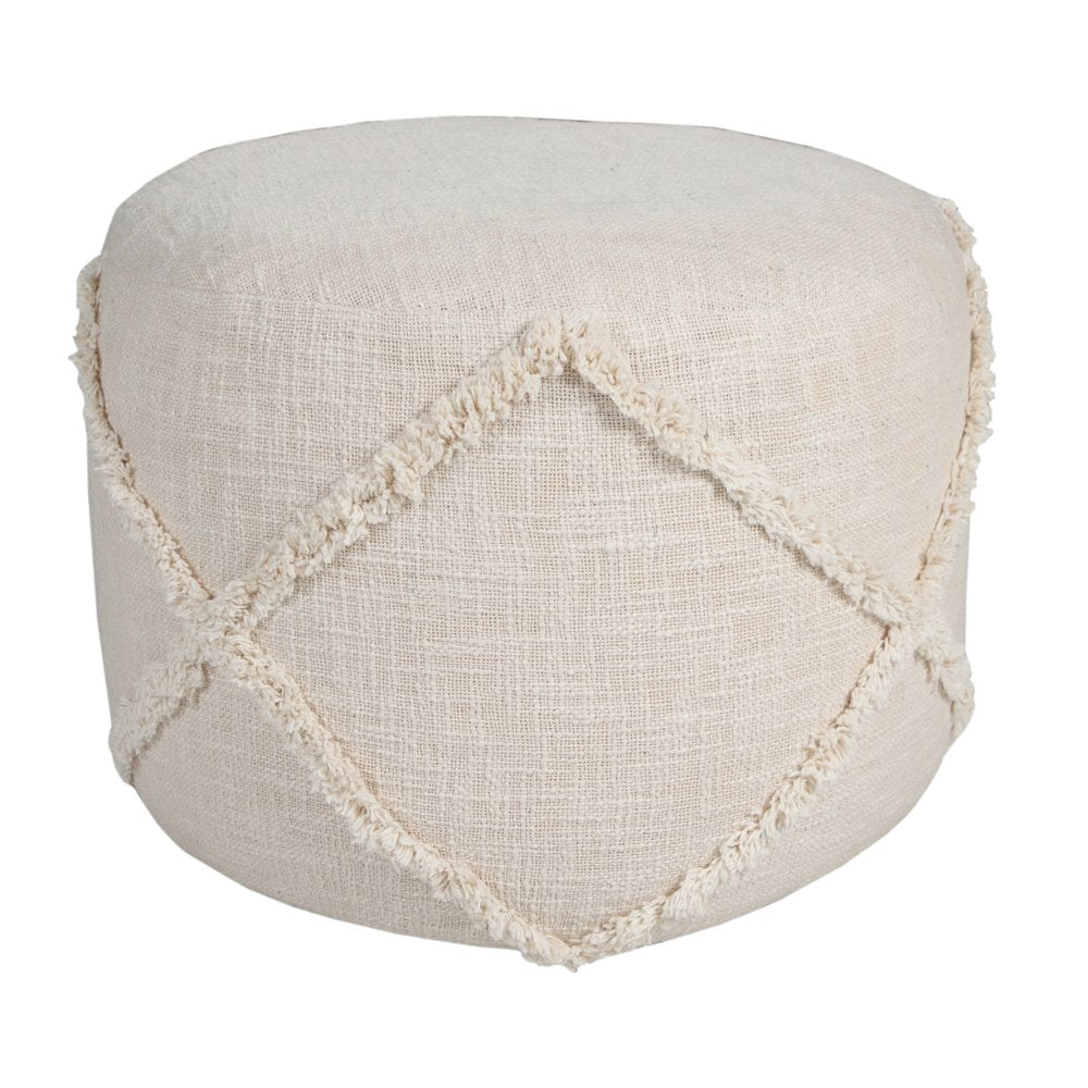 18" Cream Cotton Cylinder Geometric Pouf Ottoman