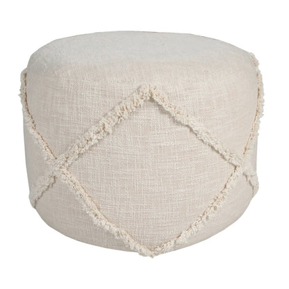 18" Cream Cotton Cylinder Geometric Pouf Ottoman