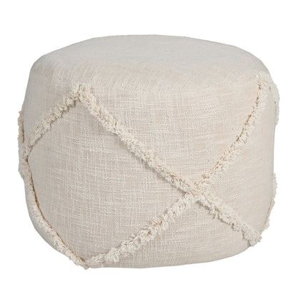 18" Cream Cotton Cylinder Geometric Pouf Ottoman