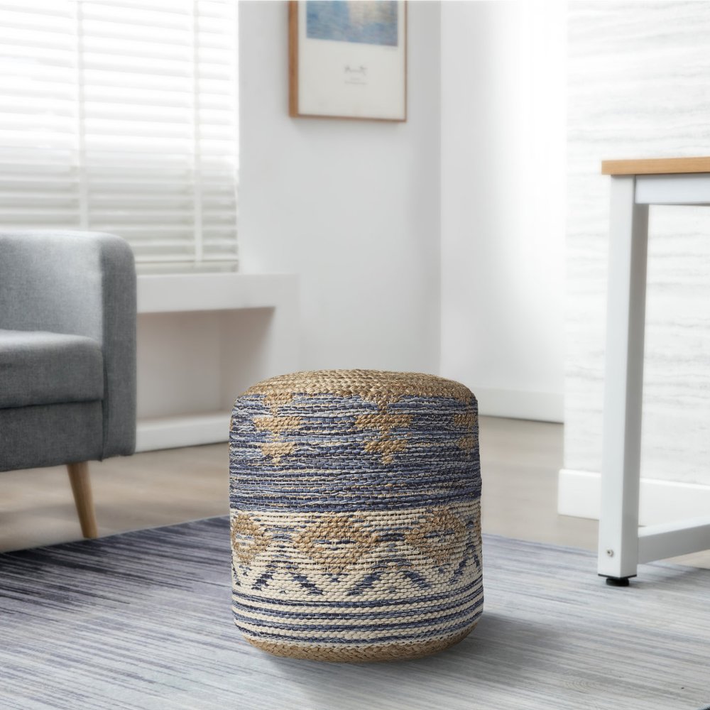 18" Blue Cylinder Geometric Pouf Ottoman