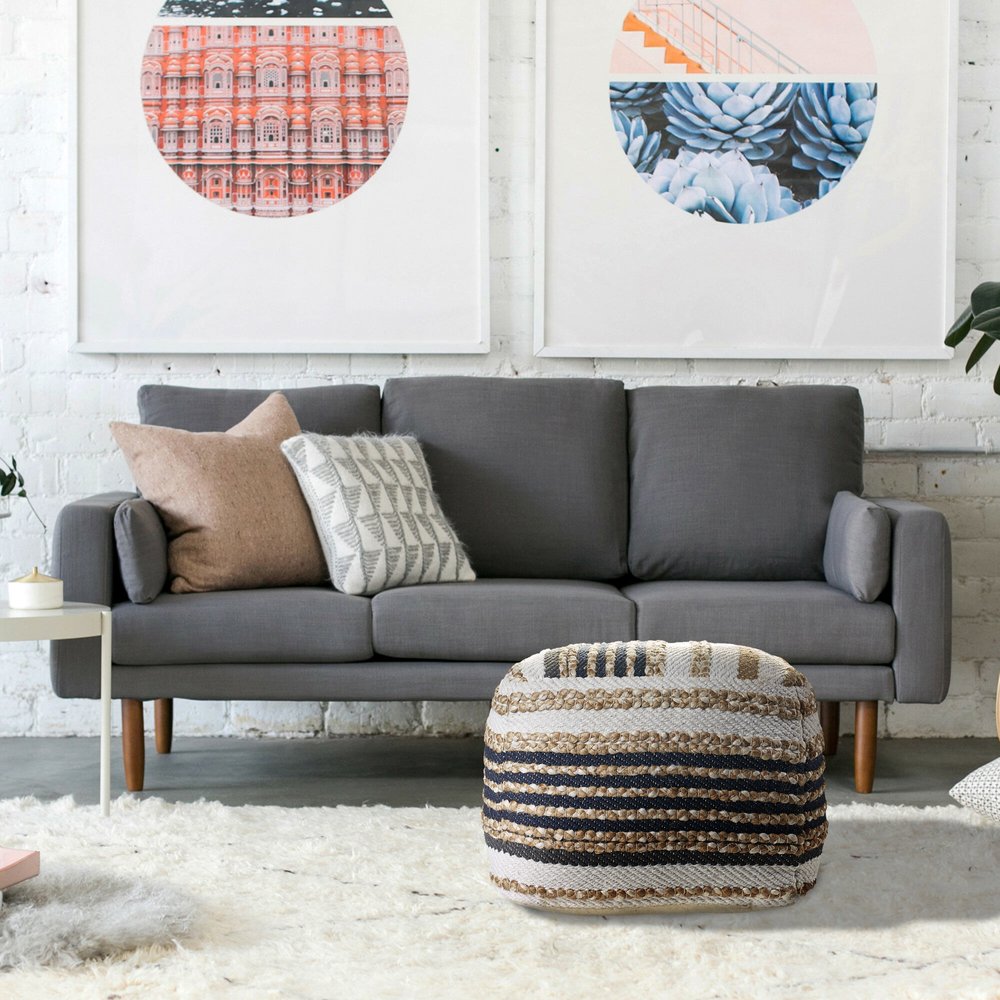 18" Tan Geometric Pouf Ottoman