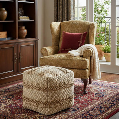 18" Tan Striped Pouf Ottoman