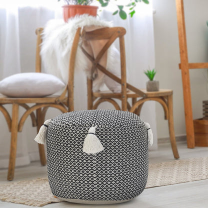 18" Black Cotton Cylinder Geometric Pouf Ottoman