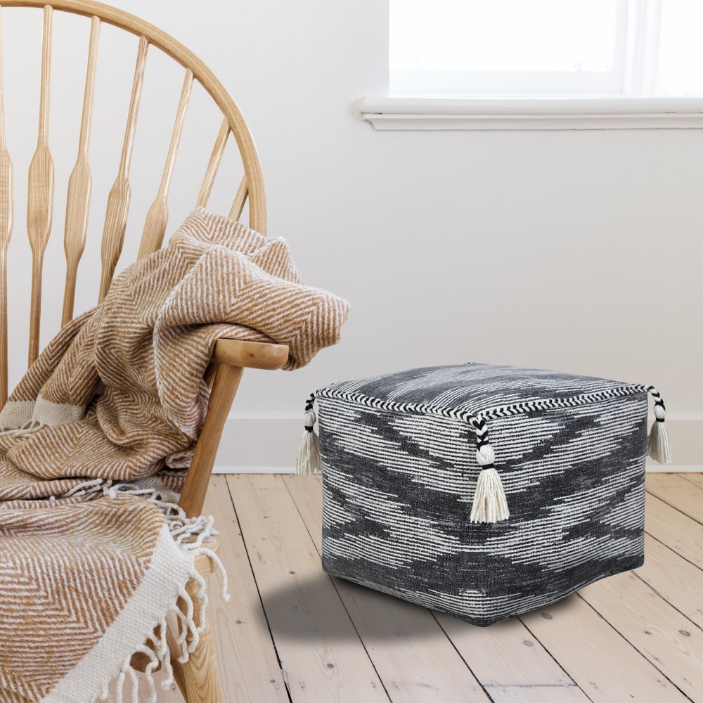 18" Gray Cotton Striped Pouf Ottoman