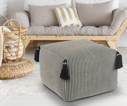 18" Gray Cotton Striped Pouf Ottoman