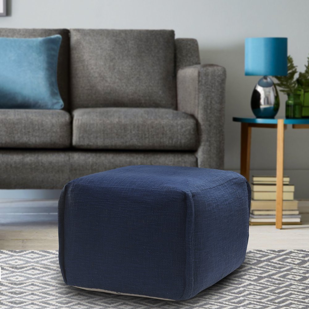 18" Blue Cotton Patchwork Pouf Ottoman