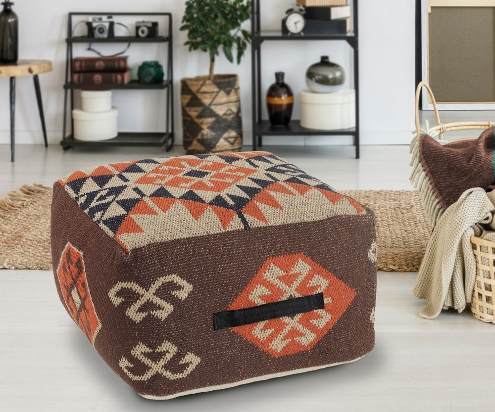 18" Brown Tribal Pouf Ottoman