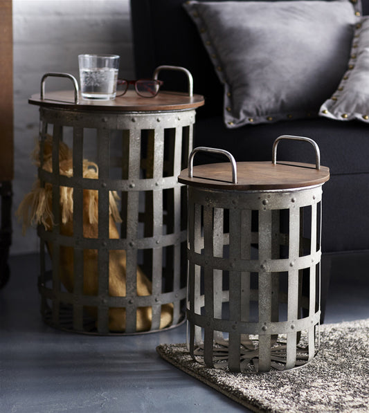 Set of Two 16" Grey And Brown Round End Tables