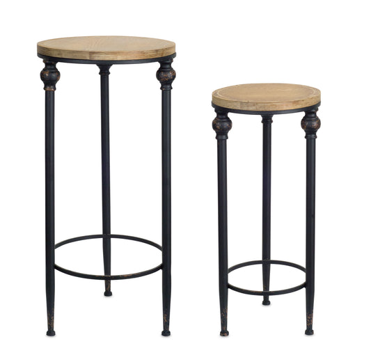 Set of Two 27" Black And Brown Round End Tables