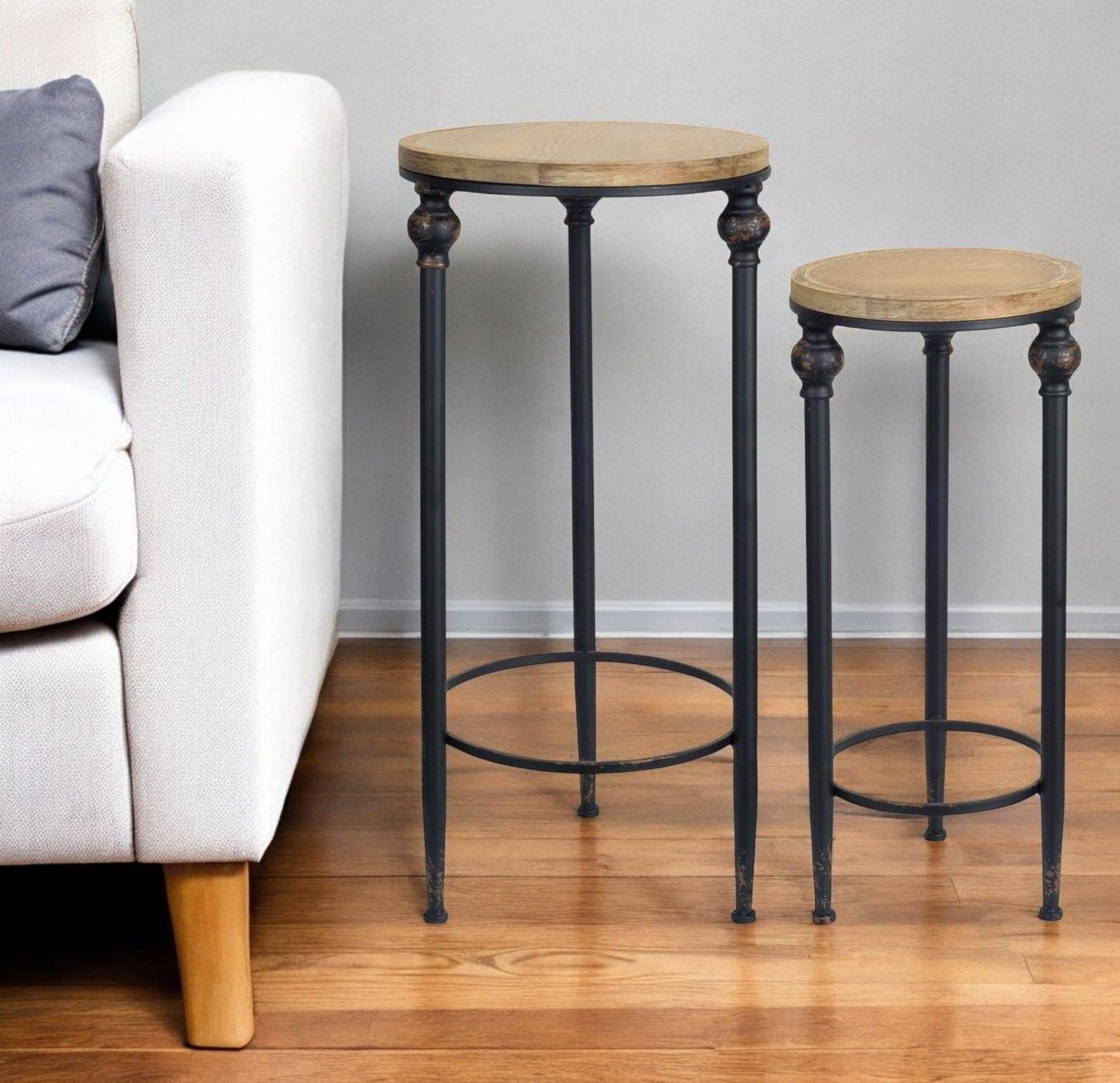 Set of Two 27" Black And Brown Round End Tables