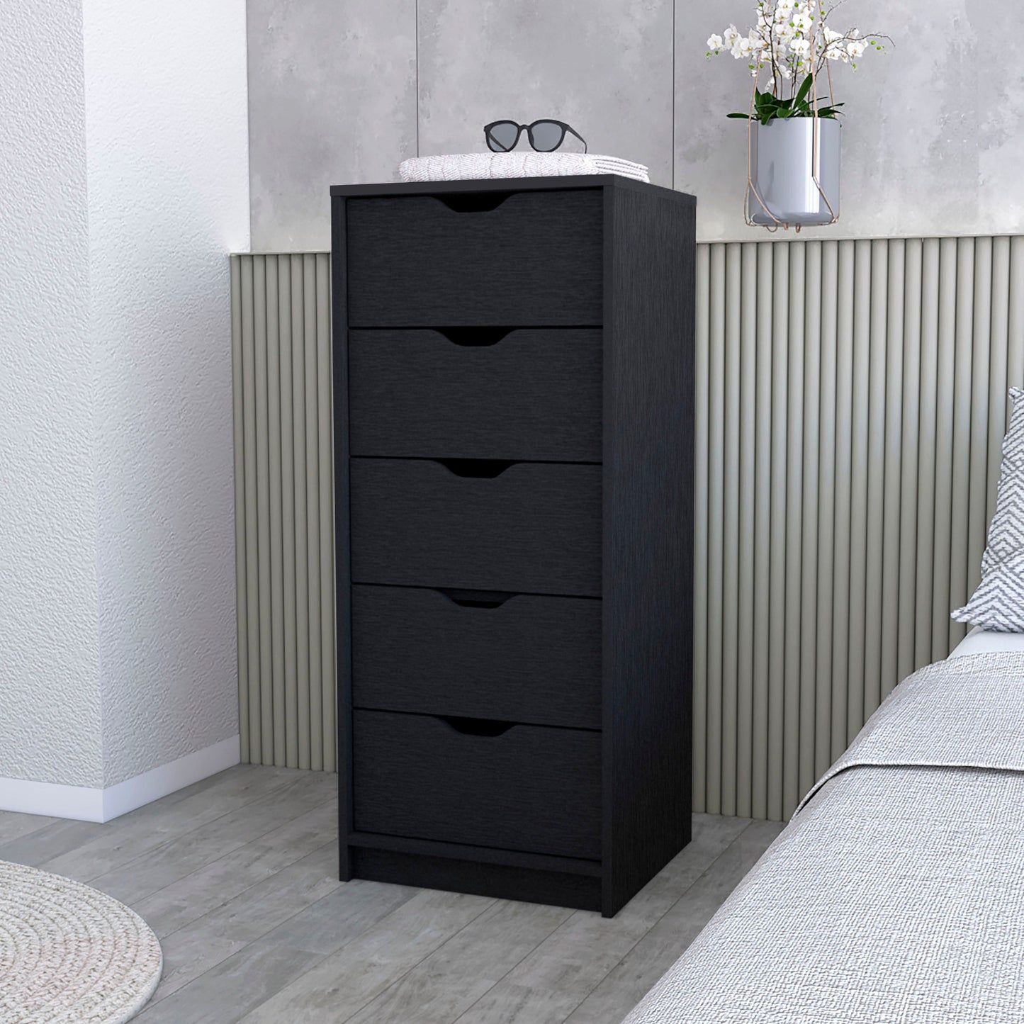 18" Black Manufactured Wood Five Drawer Narrow Dresser