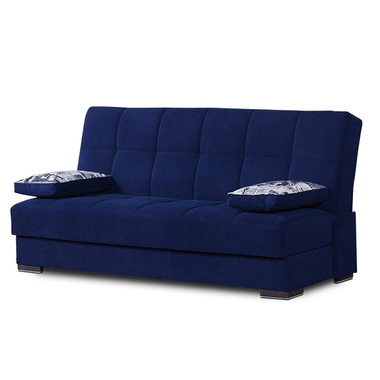 75" Navy Blue Chenille Sleeper Sofa And Toss Pillows With Brown Legs